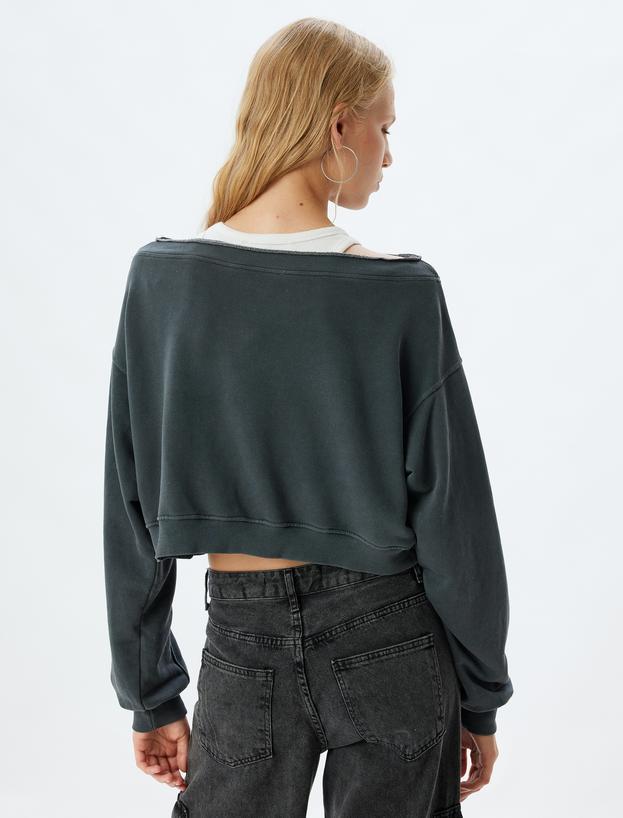 Crop Oversize Sweatshirt Yıkamalı Kolej Baskılı Kayık Yaka Uzun Kollu_3