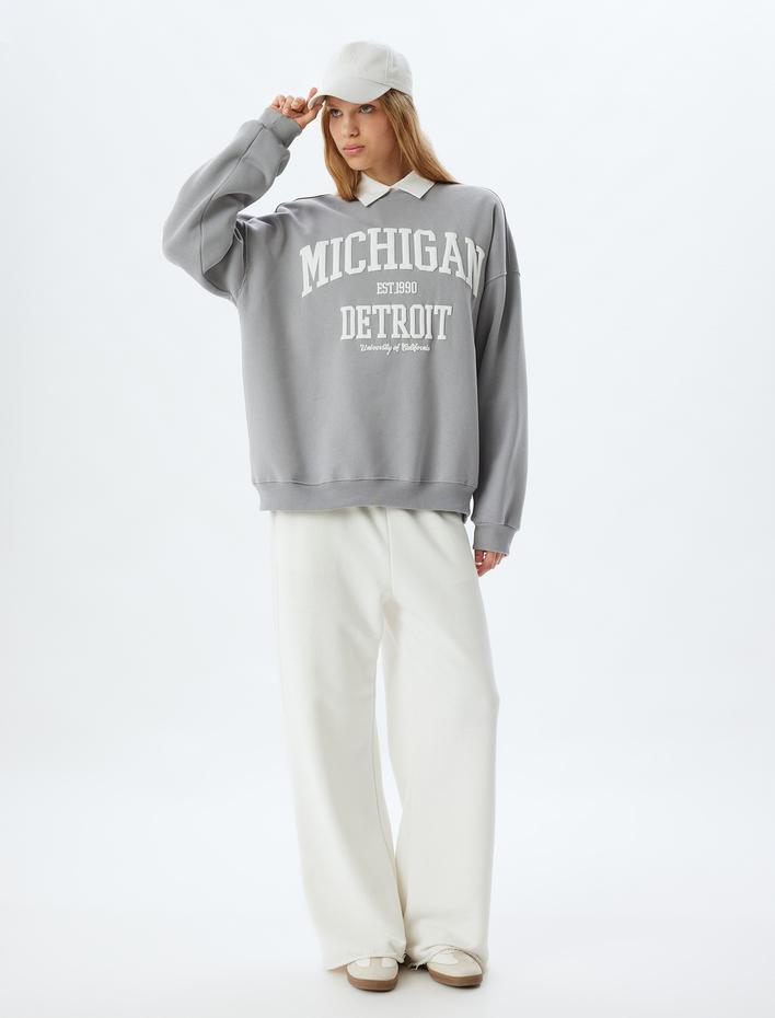  Bisiklet Yaka Sweatshirt Oversize Kolej Baskılı Uzun Kollu Şardonlu