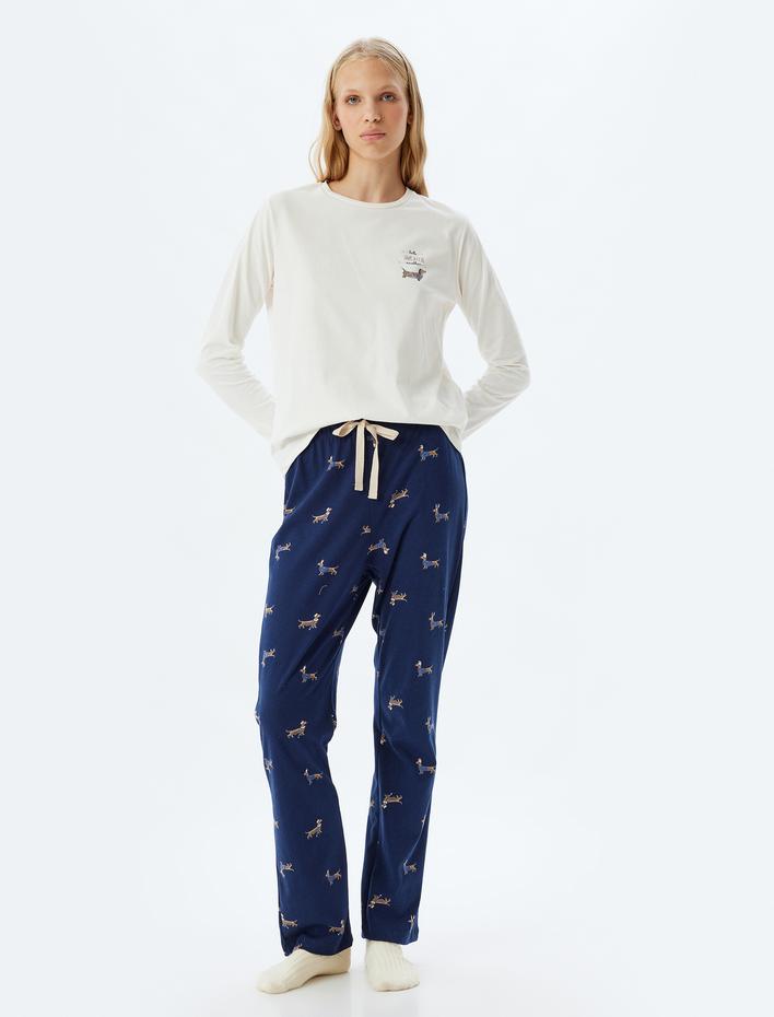  Örgü Pijama Takımı Uzun Kollu Tişört ve Baskılı Alt Pamuklu