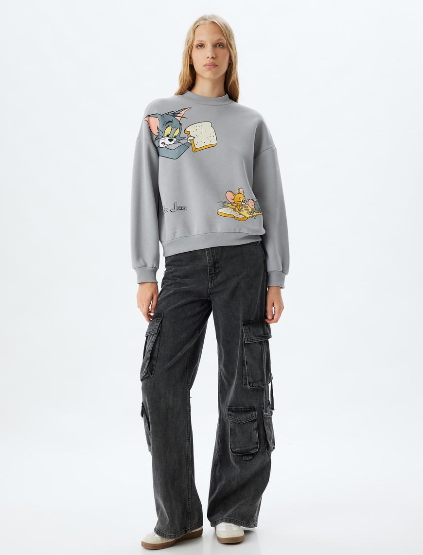   Tom ve Jerry Oversize Sweatshirt Dik Yaka Lisanslı Baskılı Şardonlu