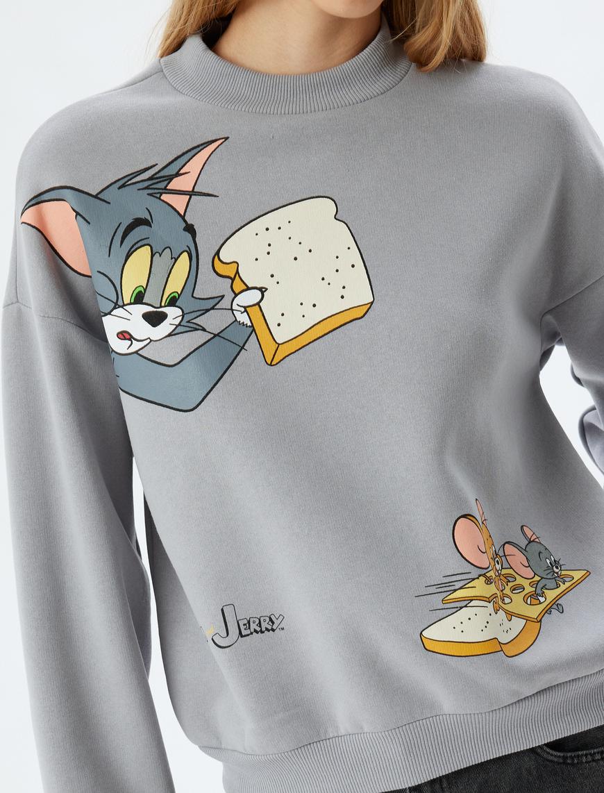   Tom ve Jerry Oversize Sweatshirt Dik Yaka Lisanslı Baskılı Şardonlu