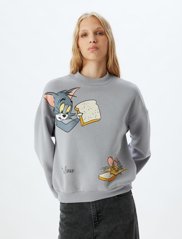 Tom ve Jerry Oversize Sweatshirt Dik Yaka Lisanslı Baskılı Şardonlu_2