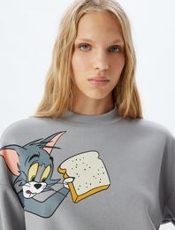 Tom ve Jerry Oversize Sweatshirt Dik Yaka Lisanslı Baskılı Şardonlu