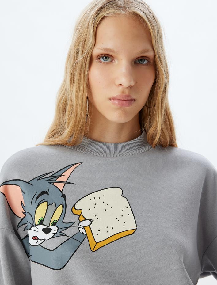  Tom ve Jerry Oversize Sweatshirt Dik Yaka Lisanslı Baskılı Şardonlu