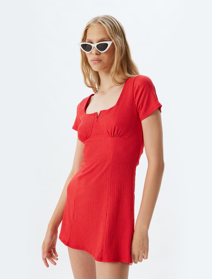  Mini Kare Yaka Düşük Omuz A Kesim Elbise Bürümcük