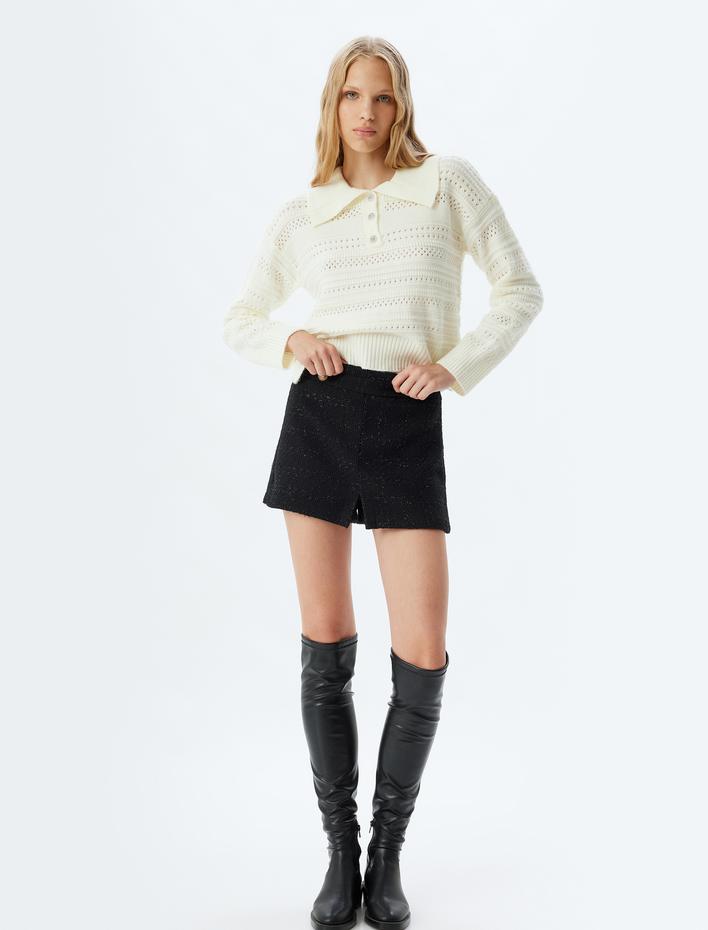  Ajurlu Kazak Gömlek Yaka Düğmeli Uzun Kollu