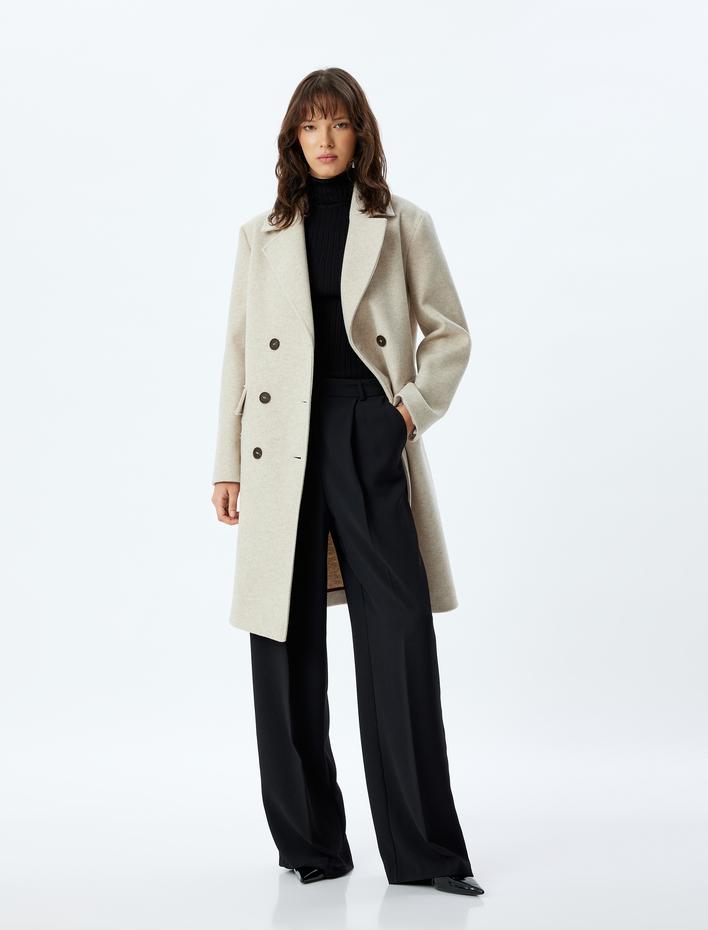  Kapaklı Cepli Kruvaze Uzun Kaşe Kaban