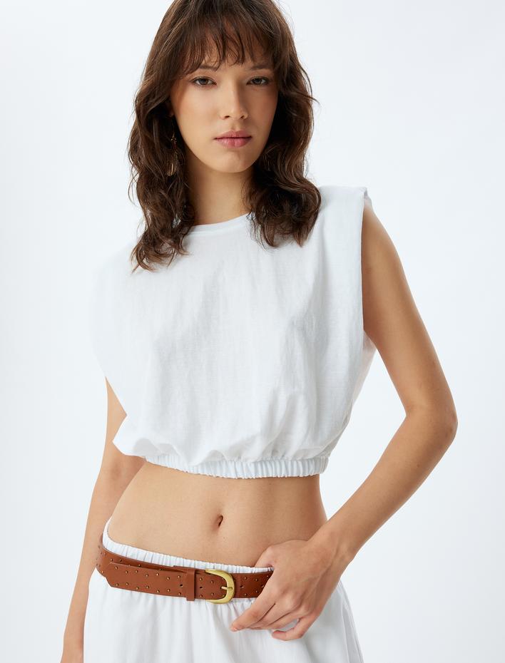  Crop Kolsuz Bluz Bisiklet Yaka Beli Lastikli Viskon Kumaş