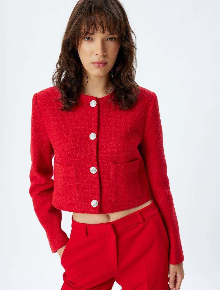  Tüvit Crop Ceket Yuvarlak Yaka Düğmeli Cepli Regular Fit