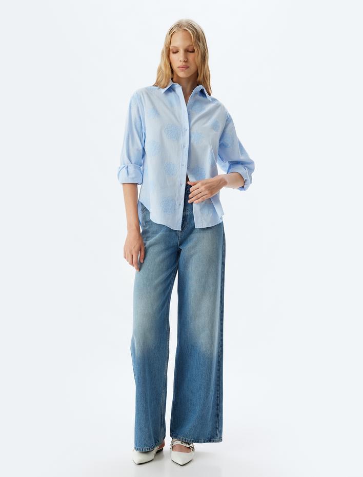  Çiçek İşlemeli Gömlek Uzun Kollu Klasik Yaka Düğmeli Pamuklu