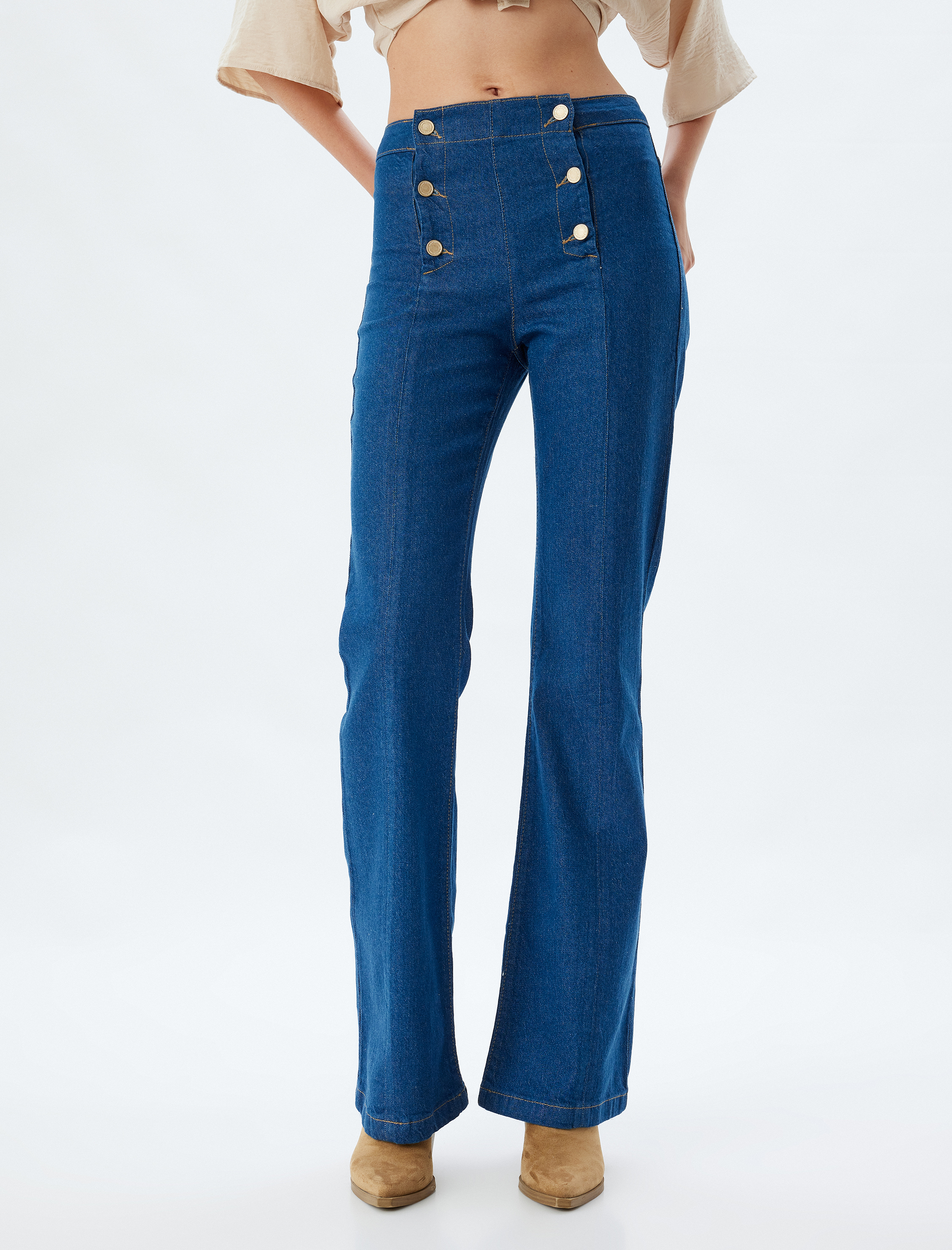   Yüksek Bel İspanyol Paça Düğme Detaylı Slim Kot Pantolon