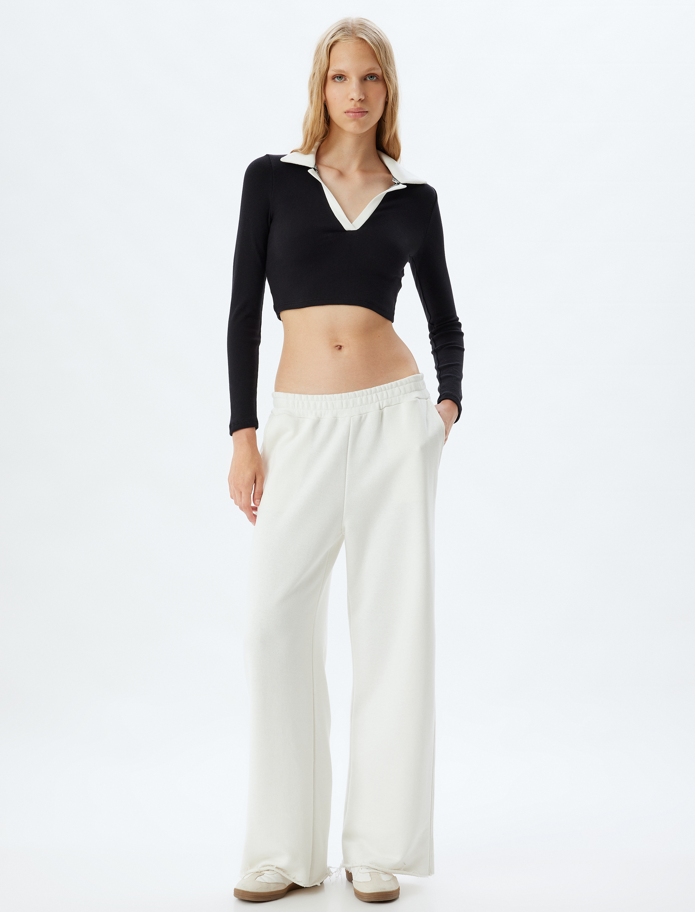 Polo Yaka Tişört Crop Uzun Kollu Biyeli