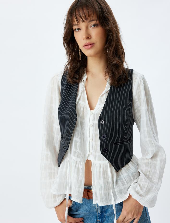  V Yaka Düğmeli Cepli Kolsuz Çizgili Yelek