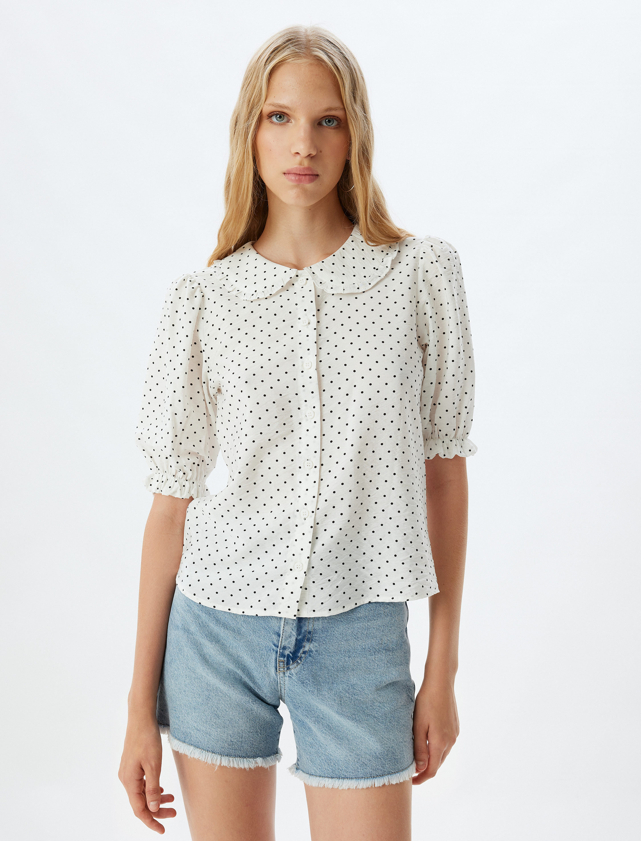   Balon Kol Gömlek Bebe Yaka Puantiyeli Düğmeli Slim Fit