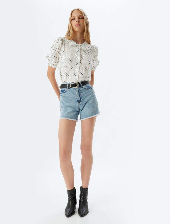  Balon Kol Gömlek Bebe Yaka Puantiyeli Düğmeli Slim Fit