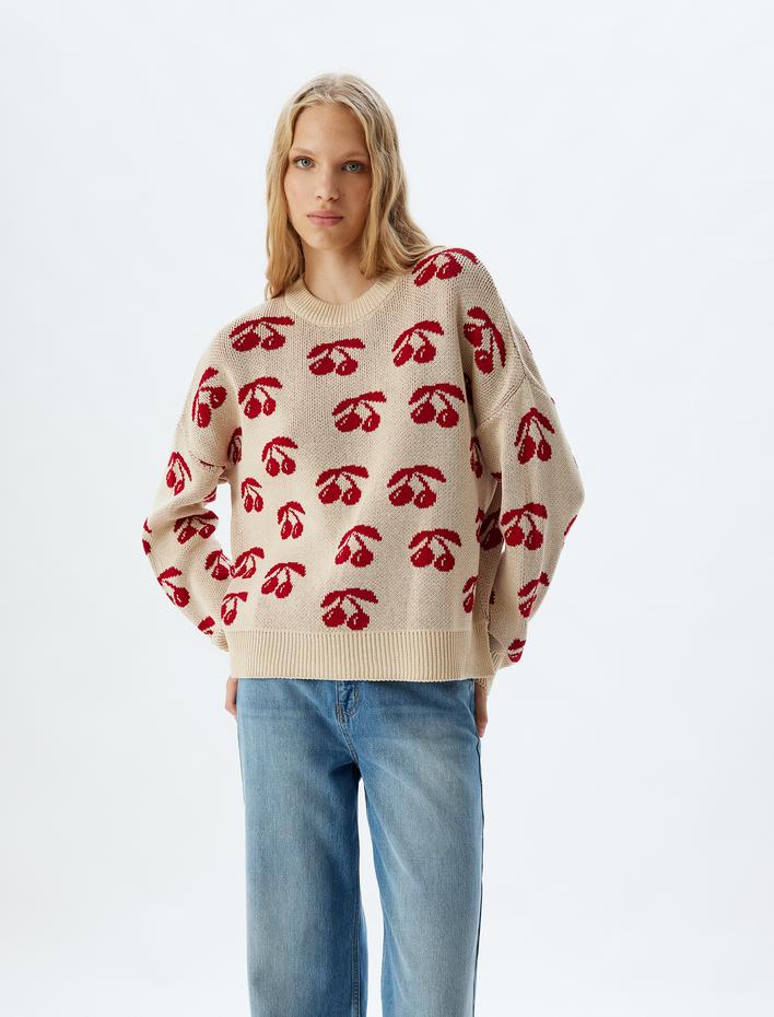  Oversize Kazak Kiraz Desenli Bisiklet Yaka Uzun Kollu