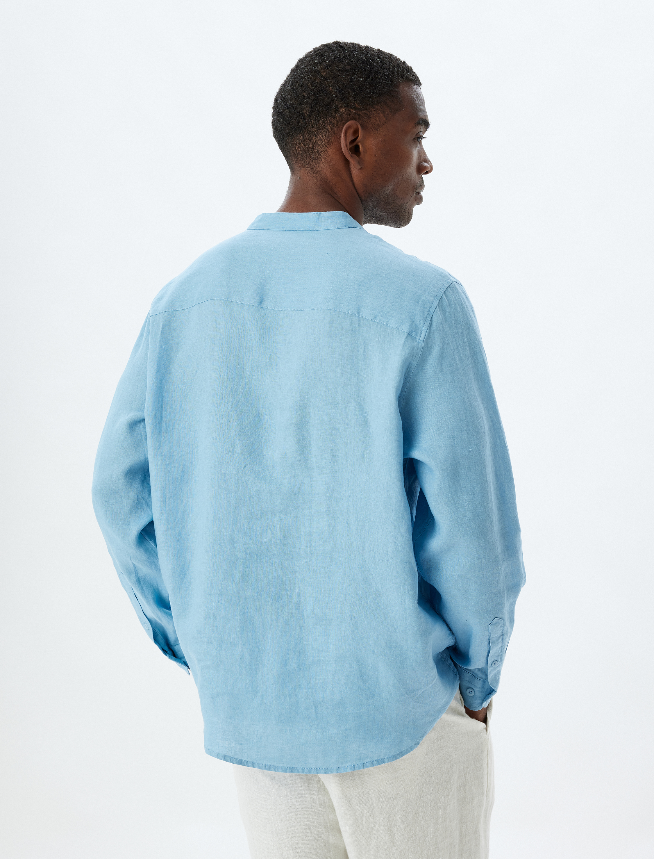   Yakasız Keten Gömlek Uzun Kollu Düğme Detaylı Regular Fit