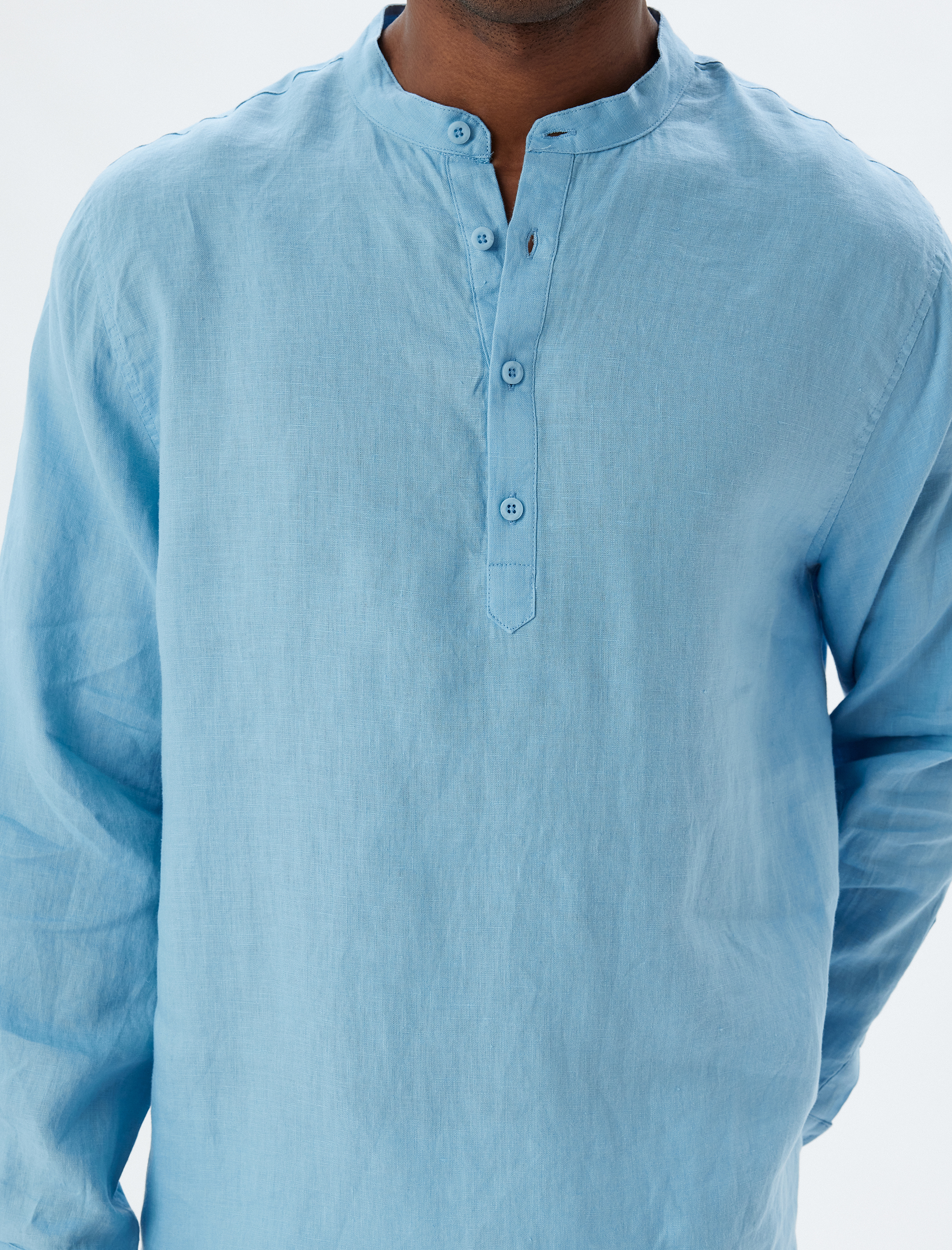   Yakasız Keten Gömlek Uzun Kollu Düğme Detaylı Regular Fit