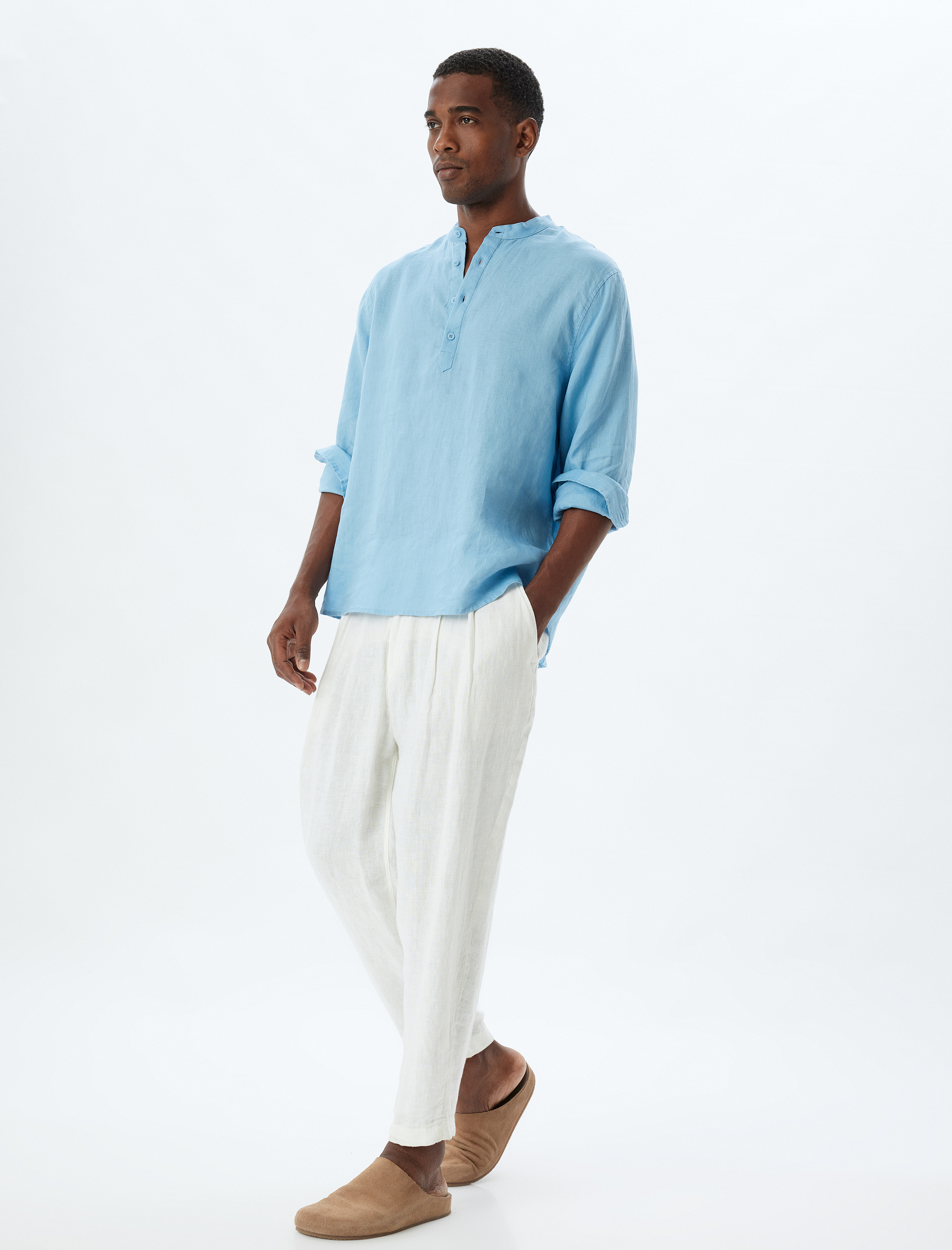   Yakasız Keten Gömlek Uzun Kollu Düğme Detaylı Regular Fit