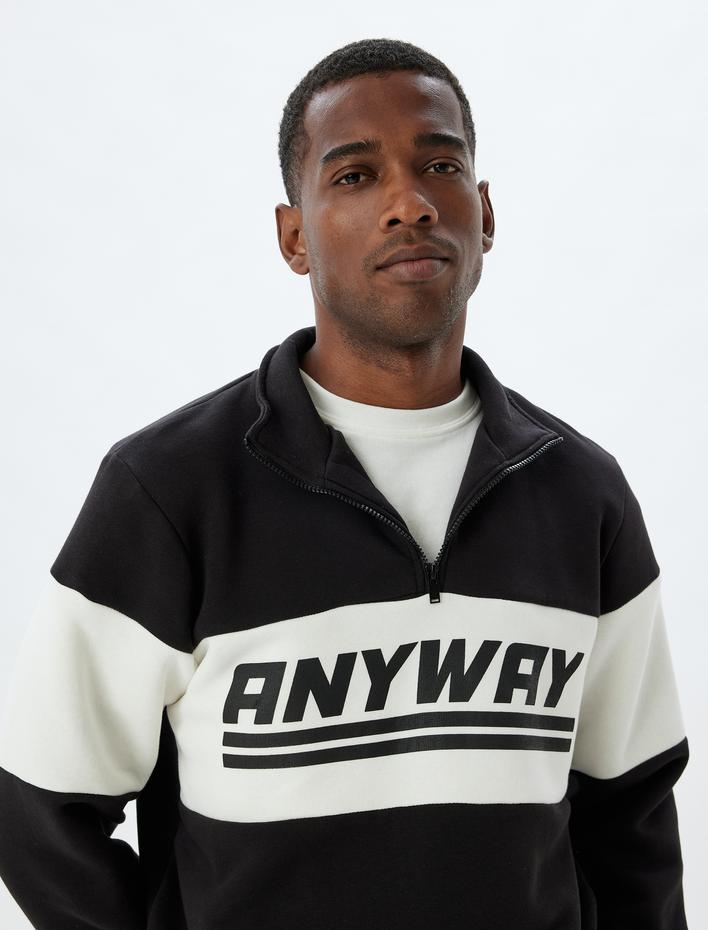  Slogan Baskılı Sweatshirt Yarım Fermuarlı Renk Bloklu Pamuk Karışımlı Şardonlu