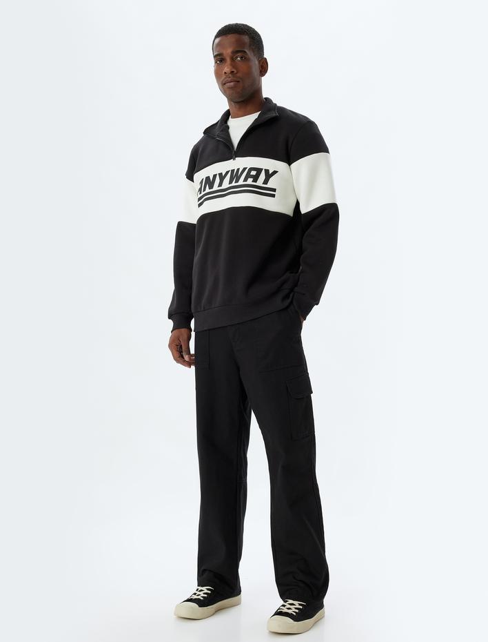  Slogan Baskılı Sweatshirt Yarım Fermuarlı Renk Bloklu Pamuk Karışımlı Şardonlu