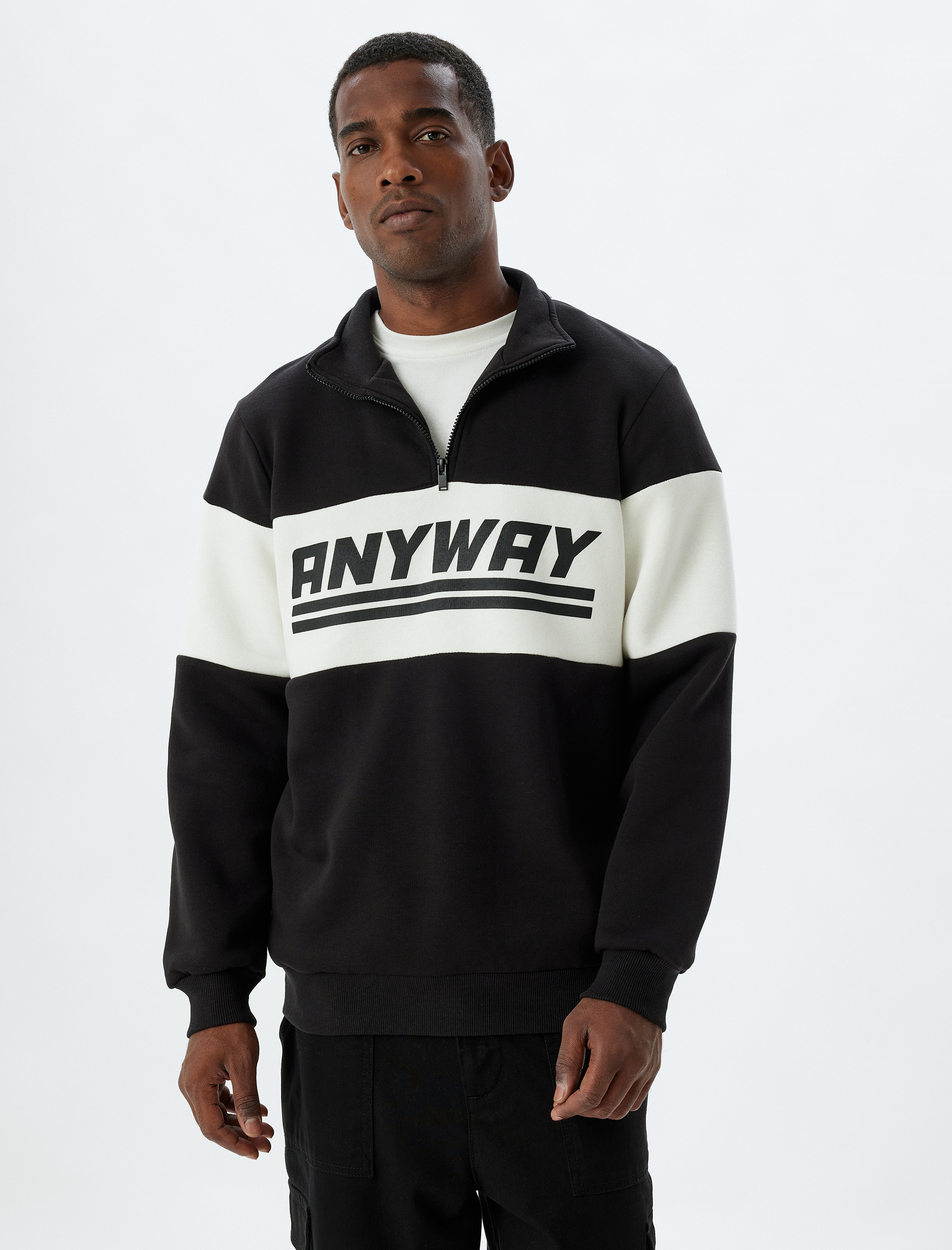 Slogan Baskılı Sweatshirt Yarım Fermuarlı Renk Bloklu Pamuk Karışımlı Şardonlu