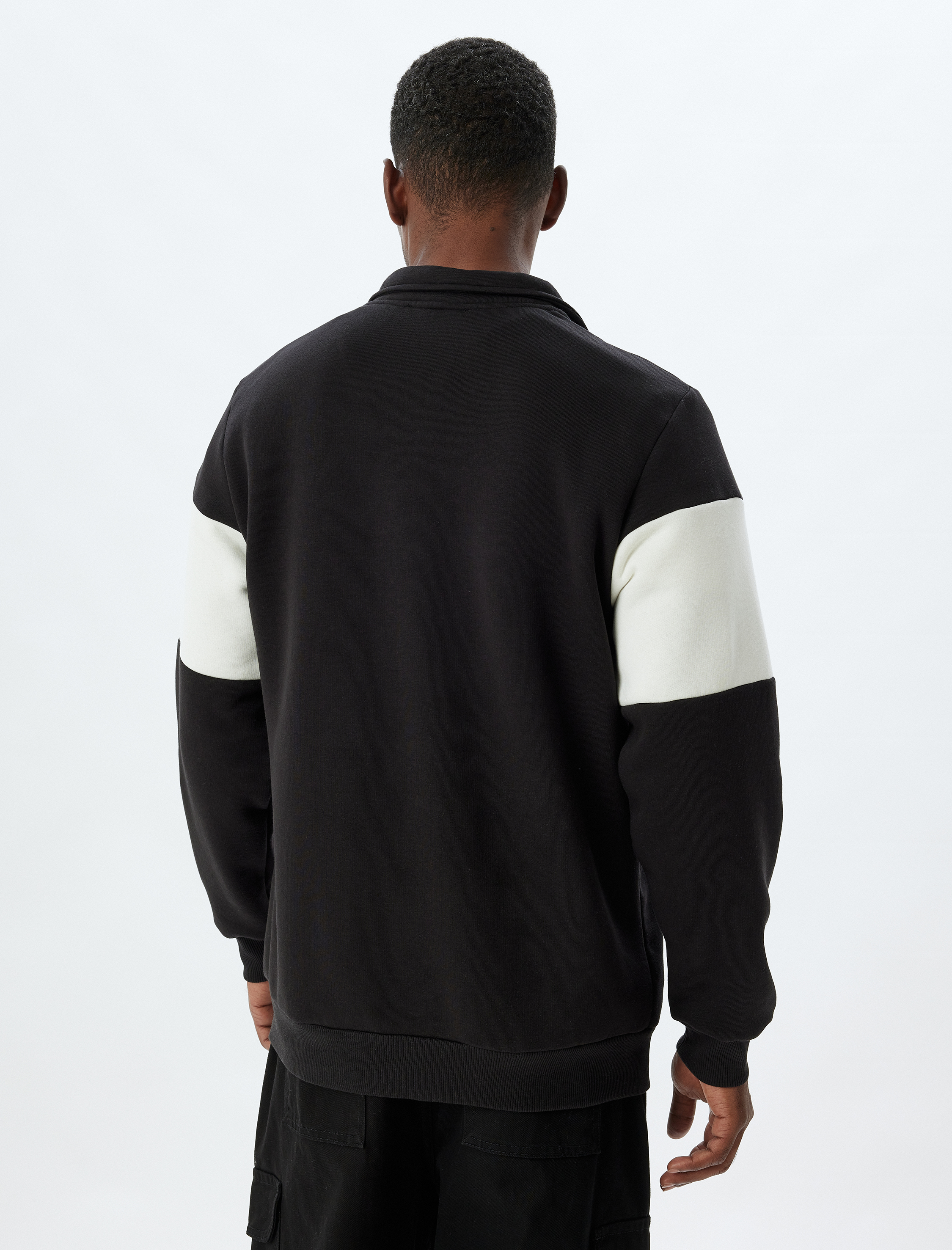 Slogan Baskılı Sweatshirt Yarım Fermuarlı Renk Bloklu Pamuk Karışımlı Şardonlu