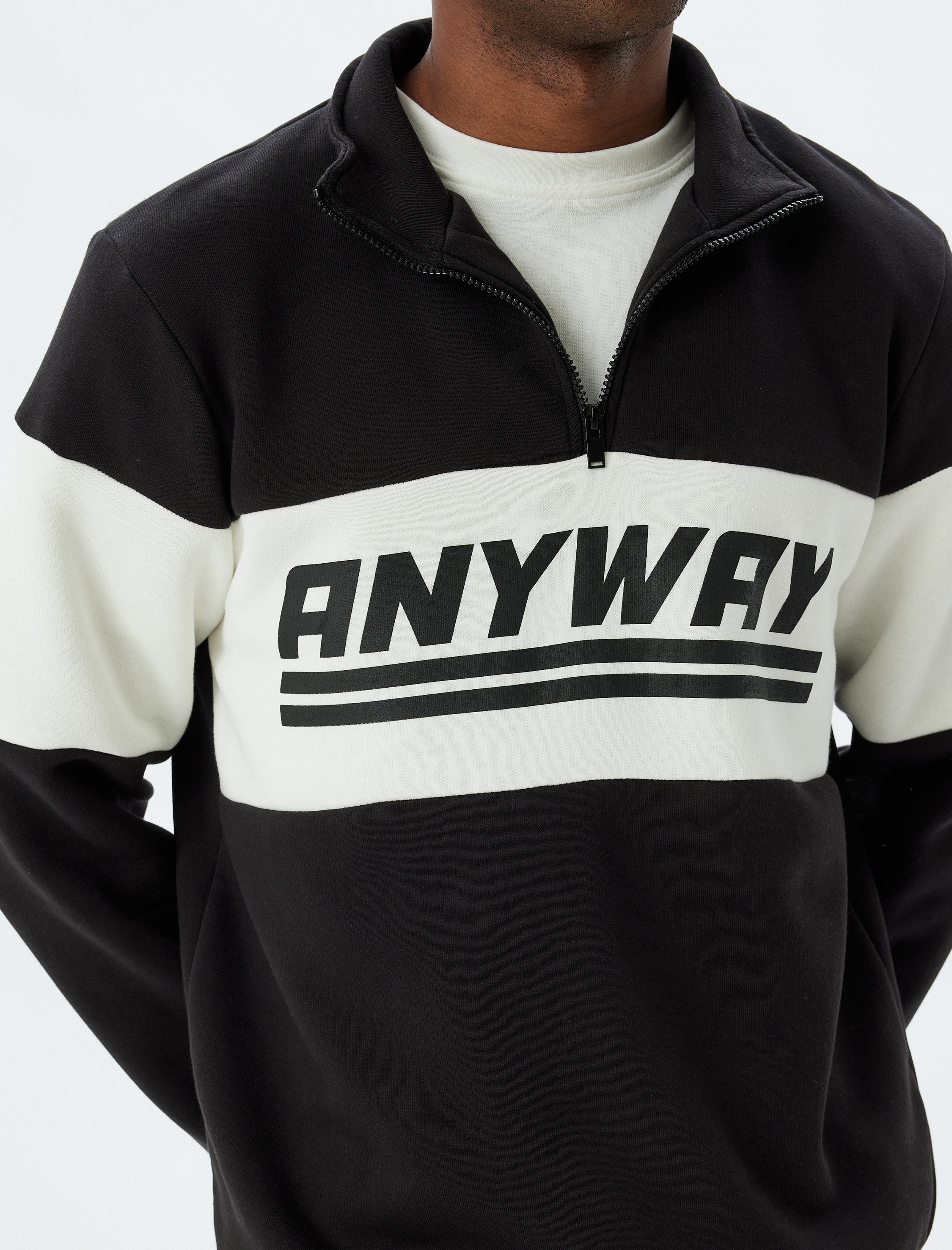 Slogan Baskılı Sweatshirt Yarım Fermuarlı Renk Bloklu Pamuk Karışımlı Şardonlu