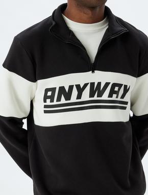 Slogan Baskılı Sweatshirt Fermuarlı Yaka Renk Bloklu Pamuk Karışımlı_4