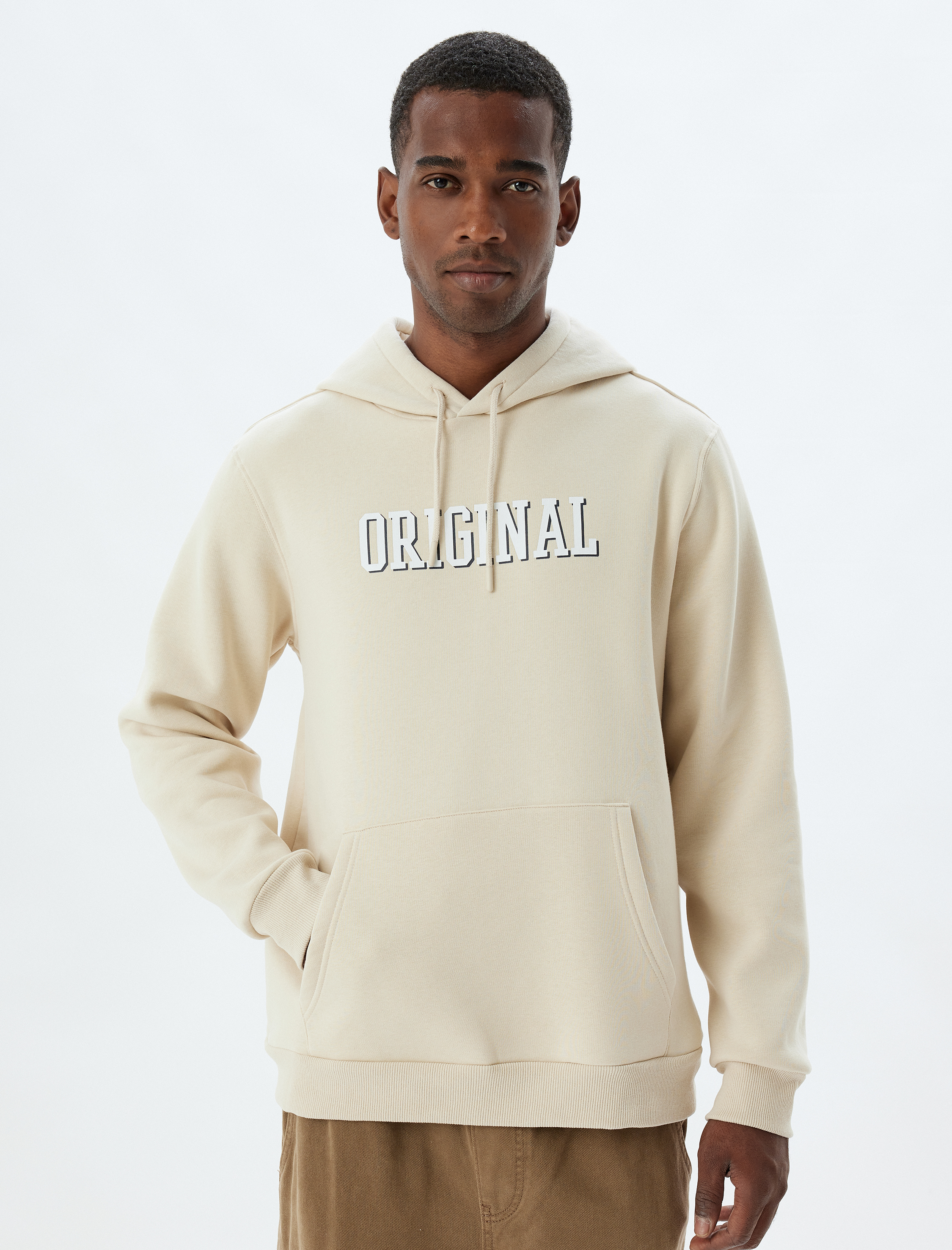 Kapşonlu Sweatshirt Slogan Baskılı Kanguru Cep Detaylı Şardonlu Pamuk Karışımlı