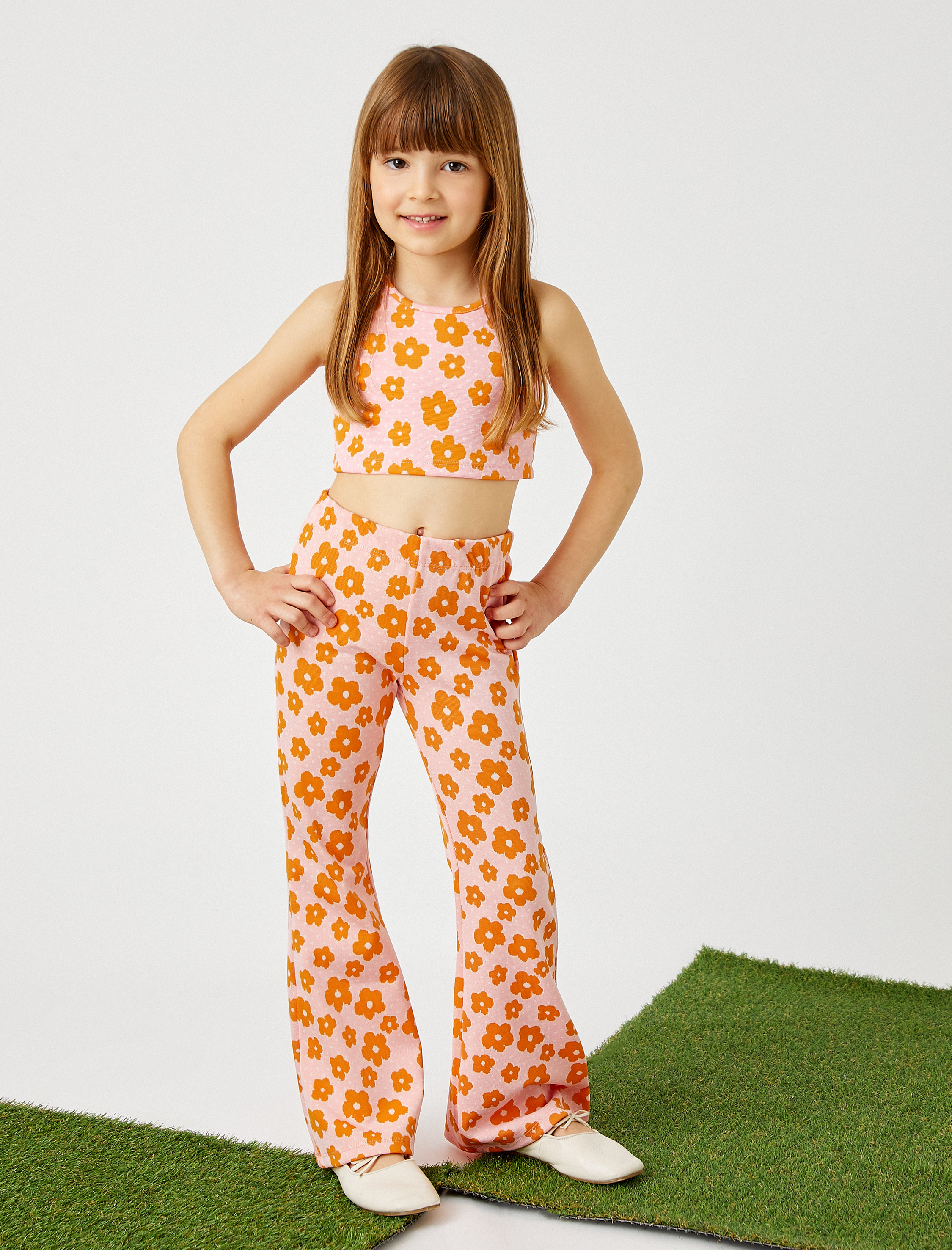  Kız Çocuk Çiçek Baskılı Halter Yaka Crop Atlet