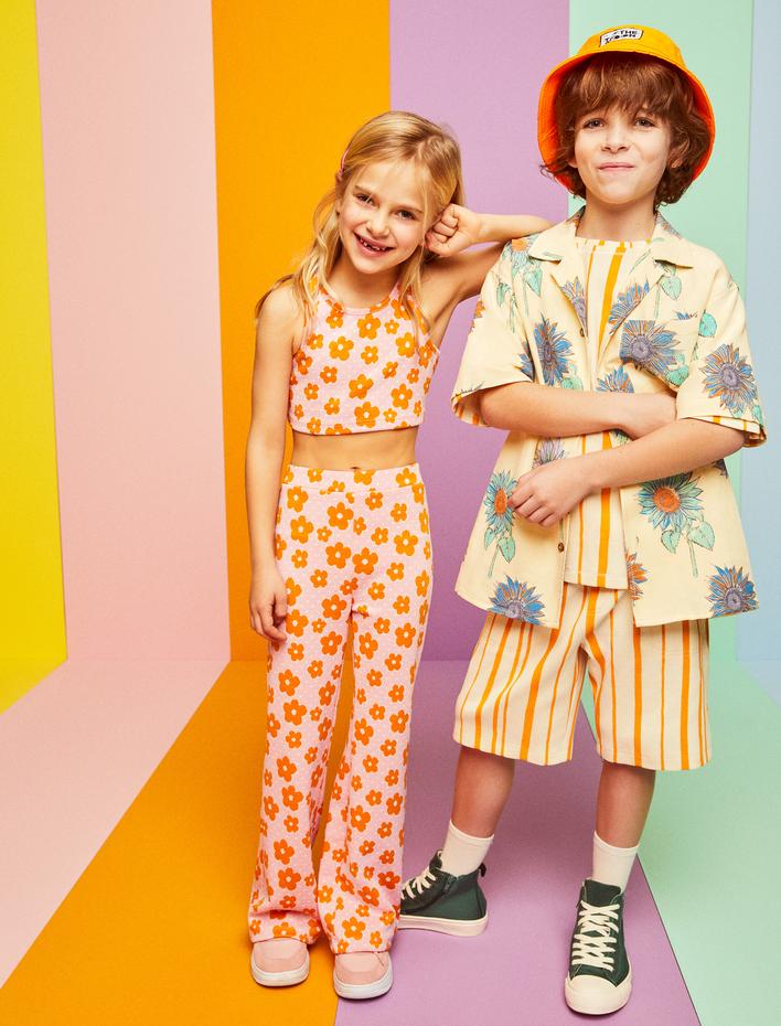 Kız Çocuk Çiçek Baskılı Halter Yaka Crop Atlet