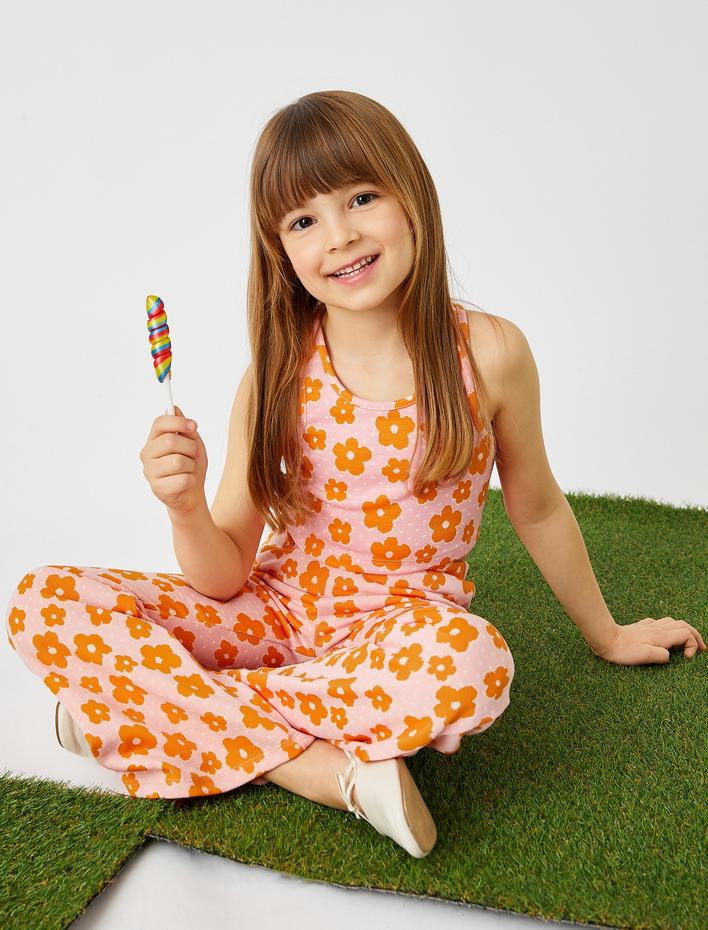 Kız Çocuk Çiçek Baskılı Halter Yaka Crop Atlet