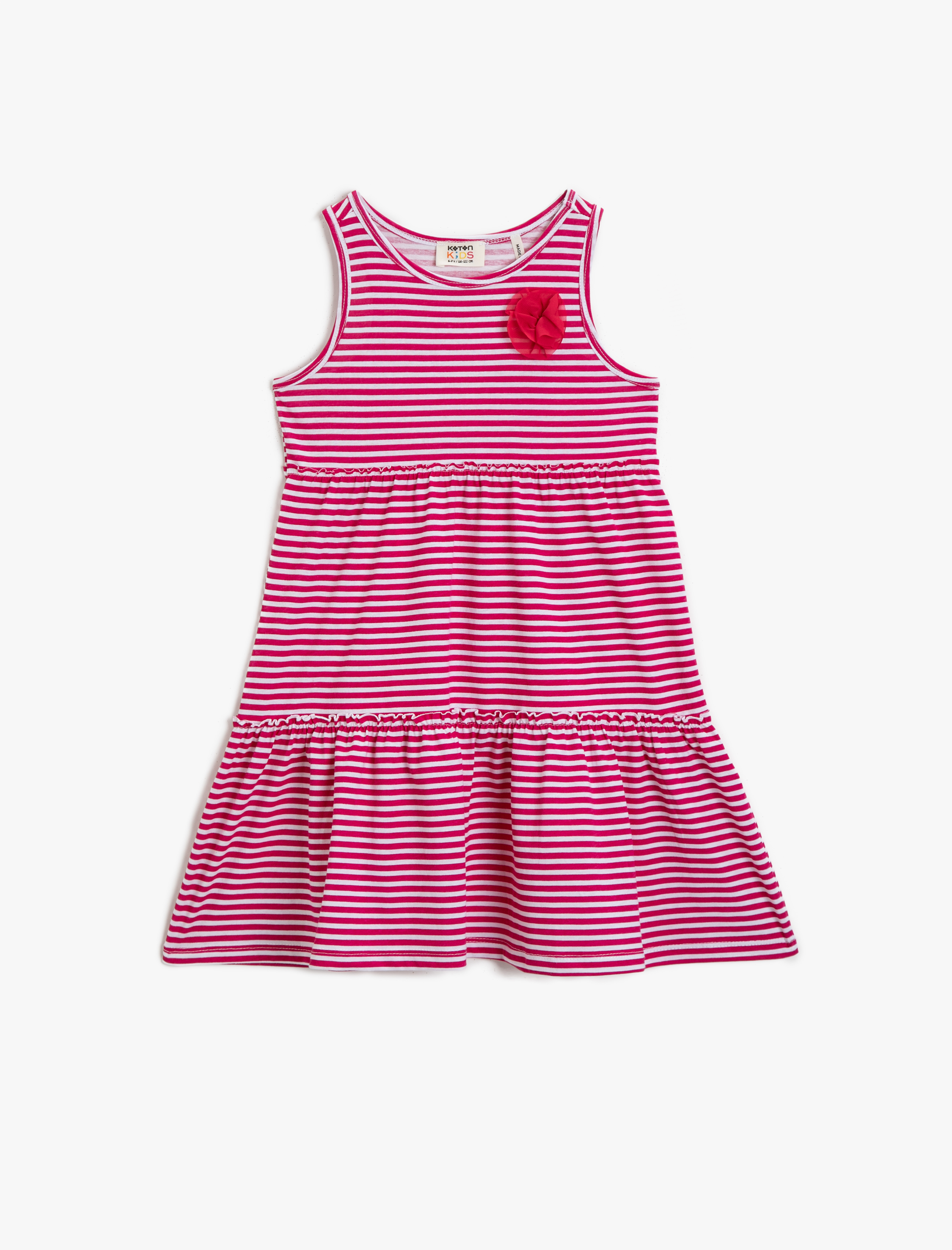  Kız Çocuk Çizgili Elbise Bisiklet Yaka Pamuklu Çiçek Detaylı