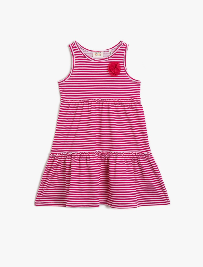 Kız Çocuk Çizgili Elbise Bisiklet Yaka Pamuklu Çiçek Detaylı