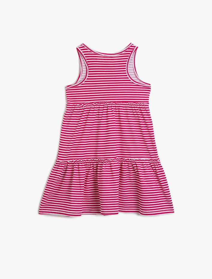 Kız Çocuk Çizgili Elbise Bisiklet Yaka Pamuklu Çiçek Detaylı