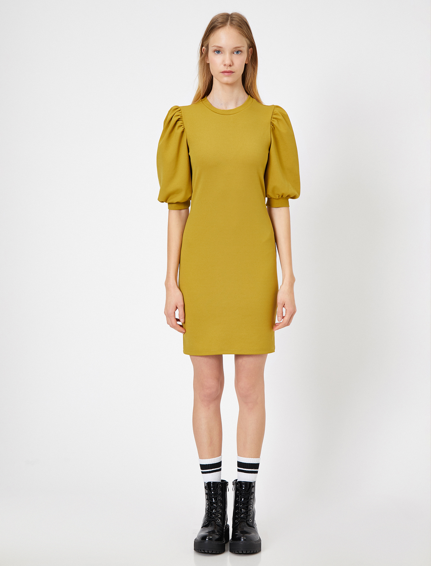   Bisiklet Yaka Balon Kollu Mini Elbise