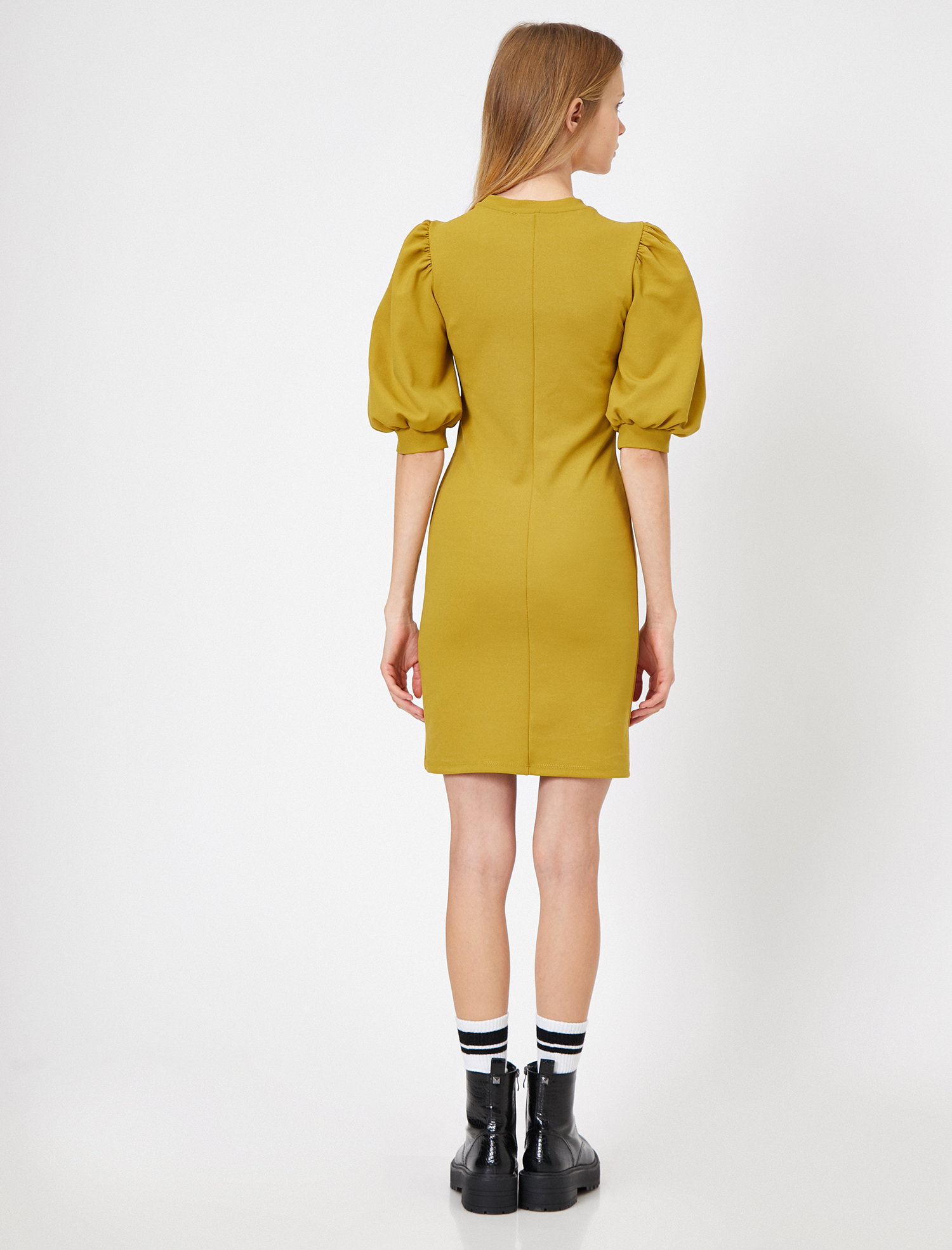   Bisiklet Yaka Balon Kollu Mini Elbise