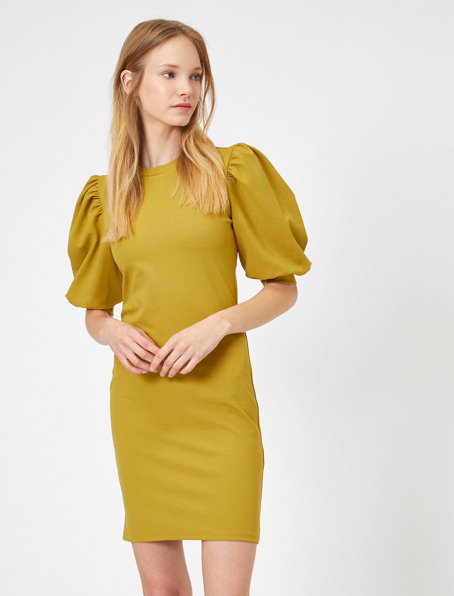   Bisiklet Yaka Balon Kollu Mini Elbise