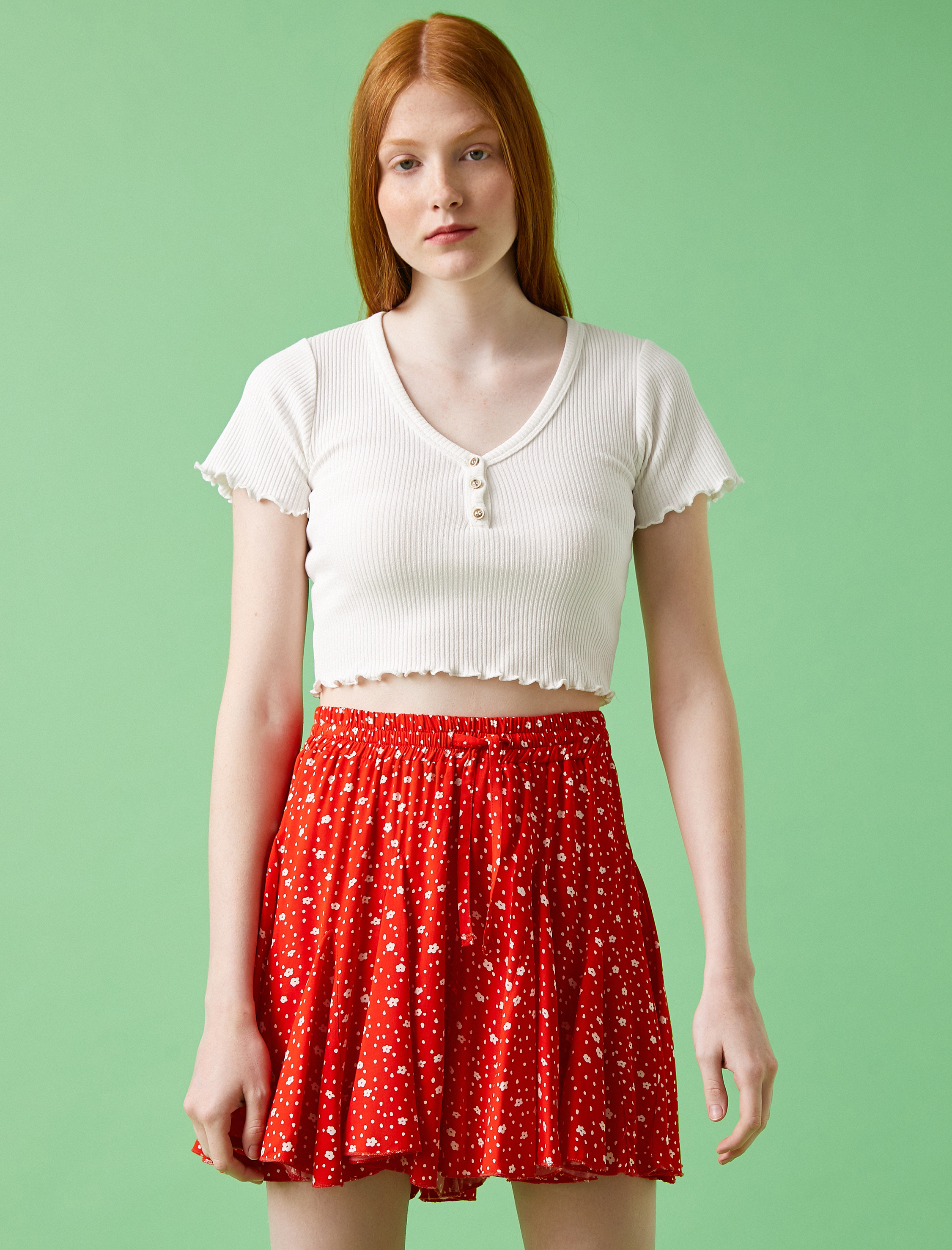   Crop Tişört Fitilli Pamuklu