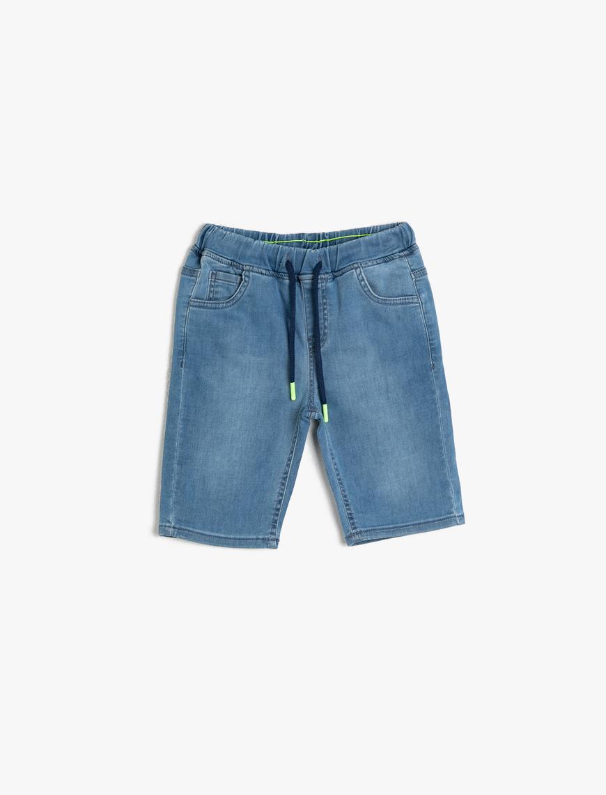  Erkek Çocuk Basic Beli Kordonlu ve Lastikli Rahat Kesim Jean Şort