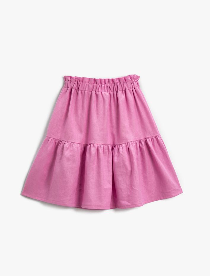 Kız Çocuk Fırfırlı Midi Etek Keten Karışımlı Beli Lastikli