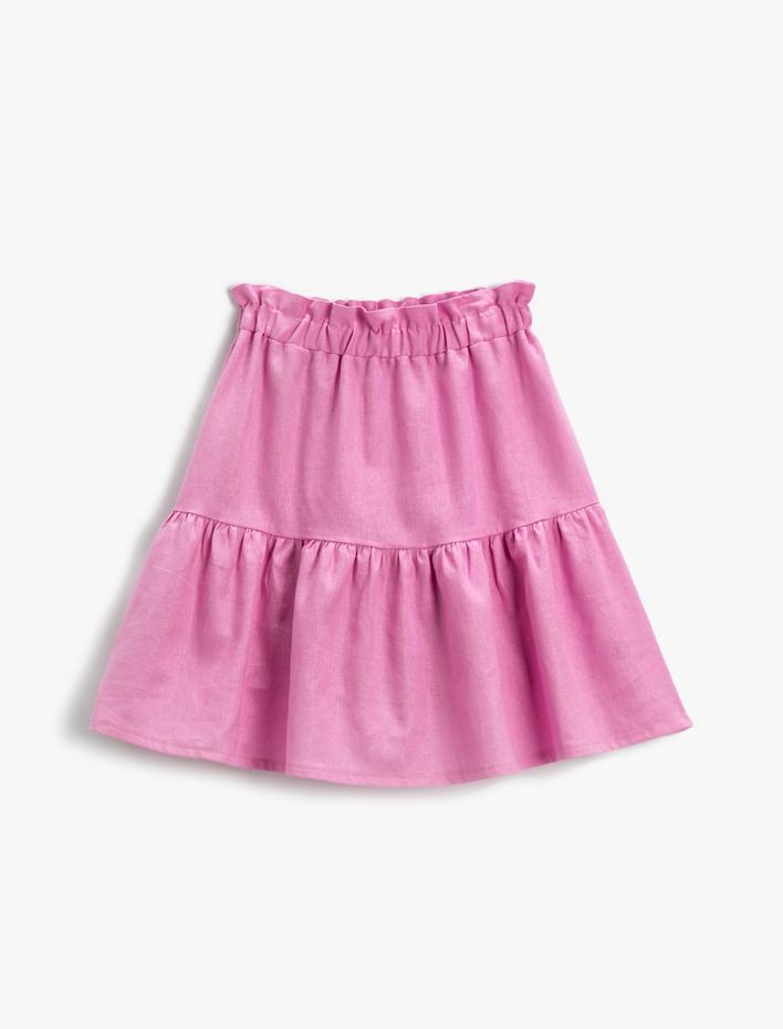 Kız Çocuk Fırfırlı Midi Etek Keten Karışımlı Beli Lastikli