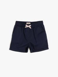 Poplin Kumaştan Cepli Süs Fiyonklu Beli Lastikli Kısa Şort