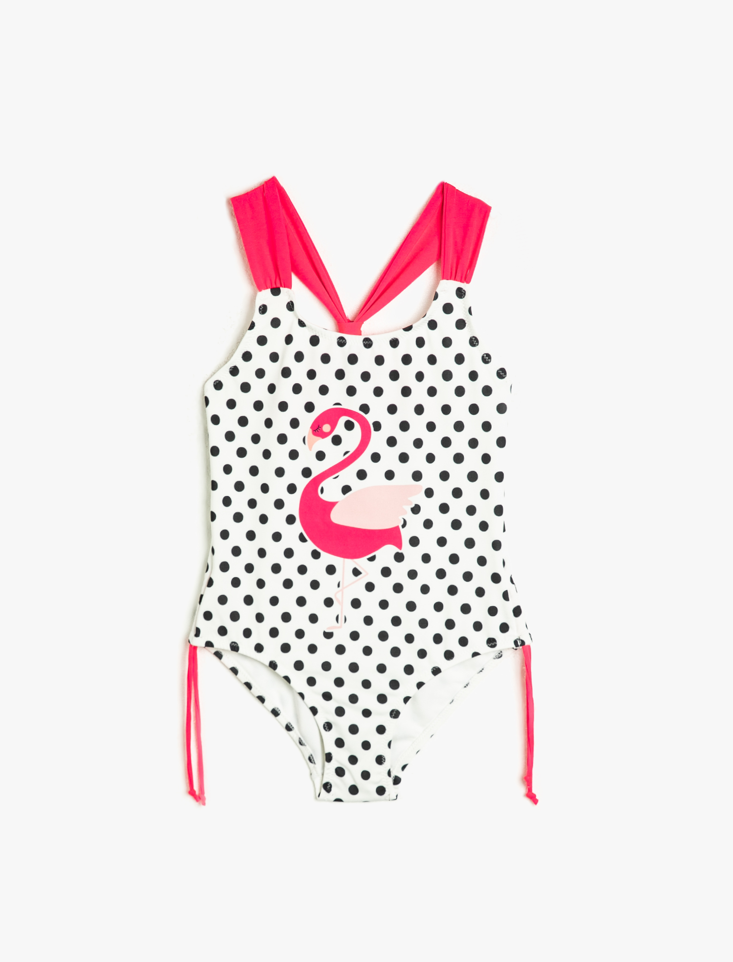  Kız Çocuk Mayo Flamingo Baskılı Puantiyeli Yanları Bağlamalı