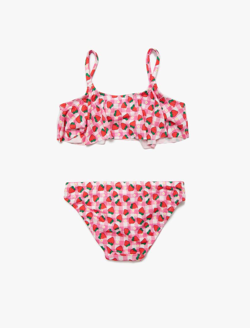  Kız Çocuk Bikini Takımı Çilek Baskılı İnce Askılı