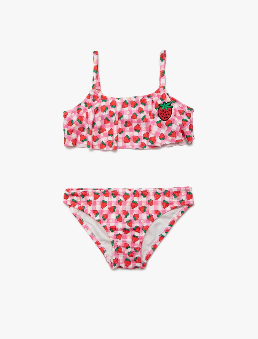 Kız Çocuk Bikini Takımı Çilek Baskılı İnce Askılı