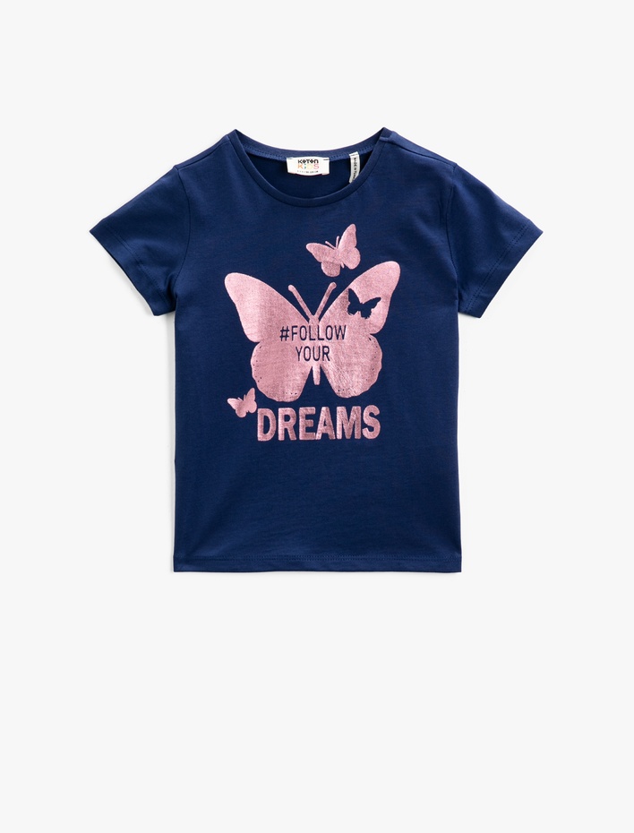 Kız Çocuk Bisiklet Yaka Tişört Kısa Kollu Baskılı Pamuklu