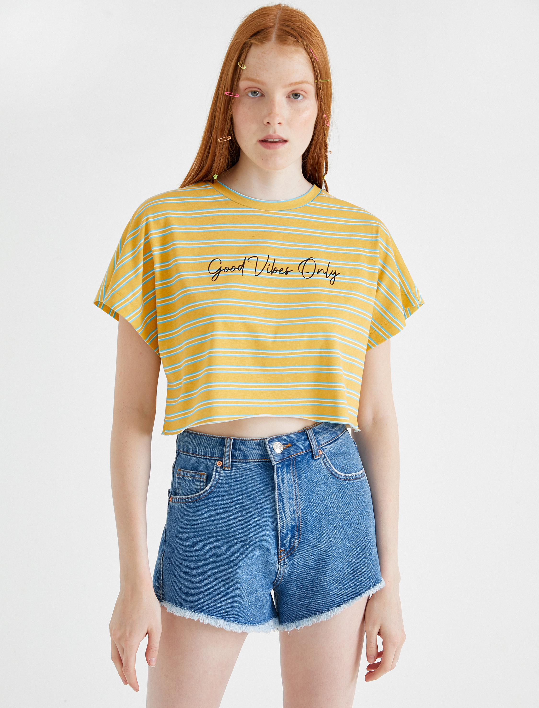   Baskılı Tişört Çizgili Pamuklu