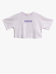 Crop Tişört Baskılı Kısa Kollu Bisiklet Yaka Pamuklu